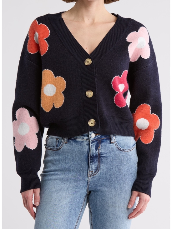 INDUSTRY Sweaters - Industry Womens Black Pink Floral V-Neck Daisy Button Cardigan Sweater Small